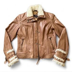 Plongé Genuine Leather Light Brown Jacket with Faux Fur Accents